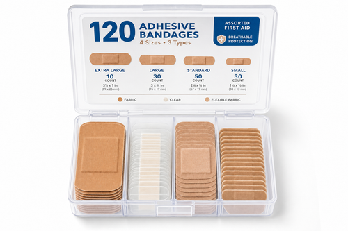 Osseus 120-count adhesive bandage variety pack in 4 sizes in clear organizer