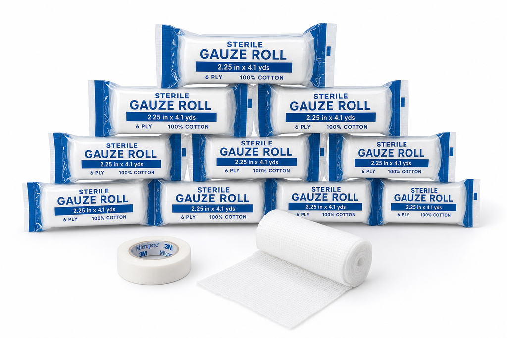 10 individually packed Osseus sterile gauze rolls stacked with micropore medical tape