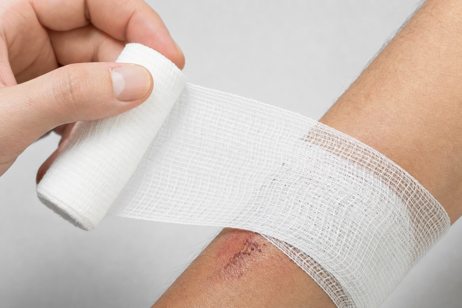 Hand wrapping a partially unrolled sterile gauze around a forearm wound
