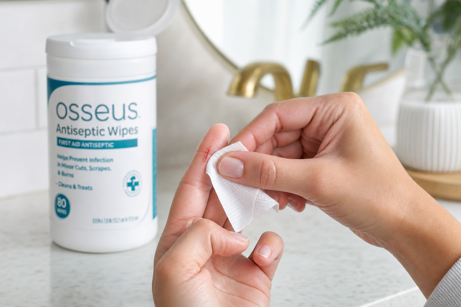 Person cleaning a small finger cut with an Osseus antiseptic wipe on a bathroom counter