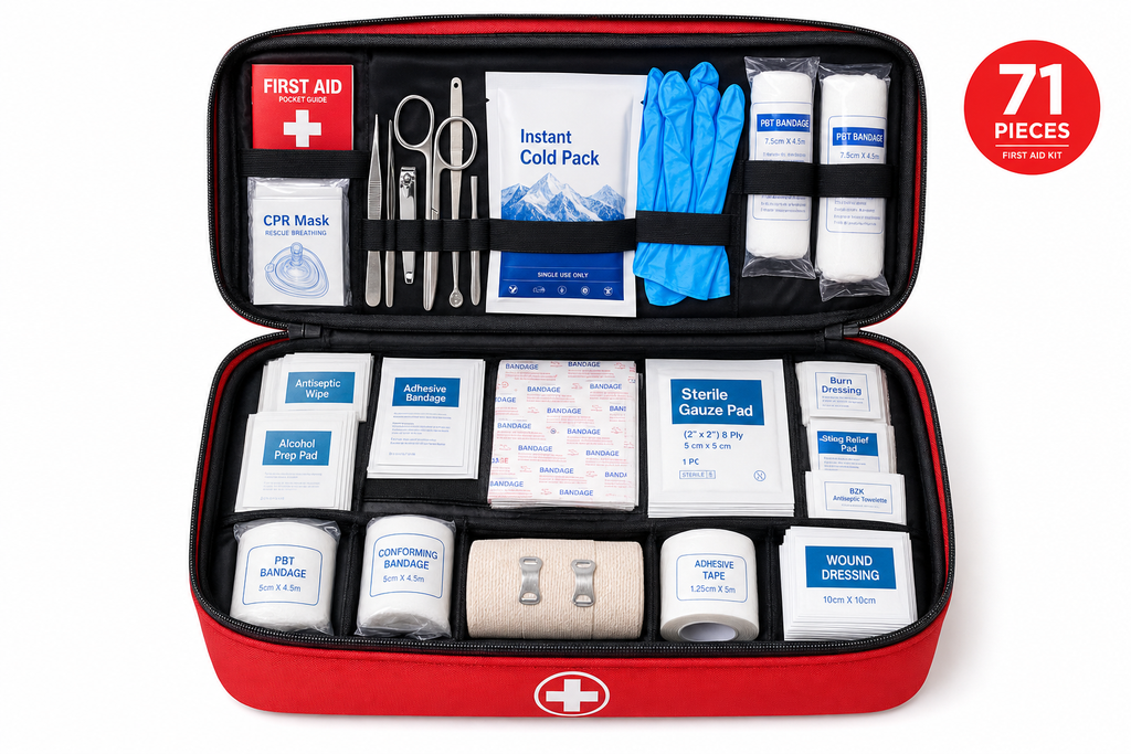 Open Osseus 71-piece sports first aid kit displaying organized contents inside red soft-shell case