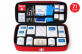 Open Osseus 71-piece sports first aid kit displaying organized contents inside red soft-shell case