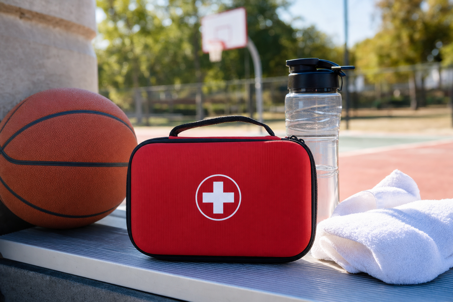 Closed red Osseus sports first aid kit on a basketball court bench next to a basketball and water bottle