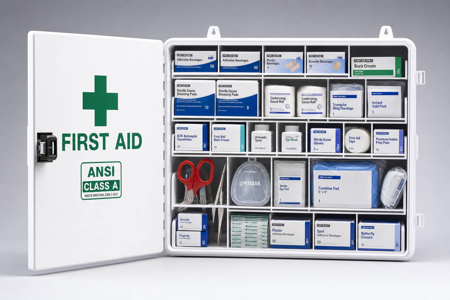 Open Osseus white wall-mounted ANSI Class A first aid cabinet with 180 organized supplies