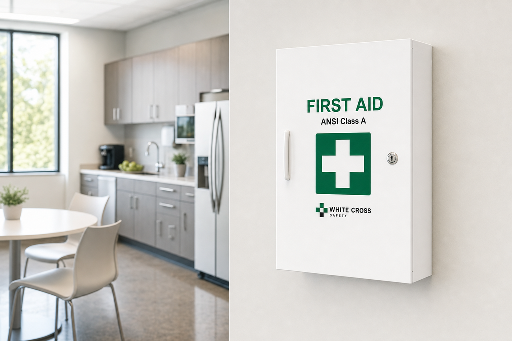 Wall-mounted white Osseus ANSI first aid cabinet in a modern office break room