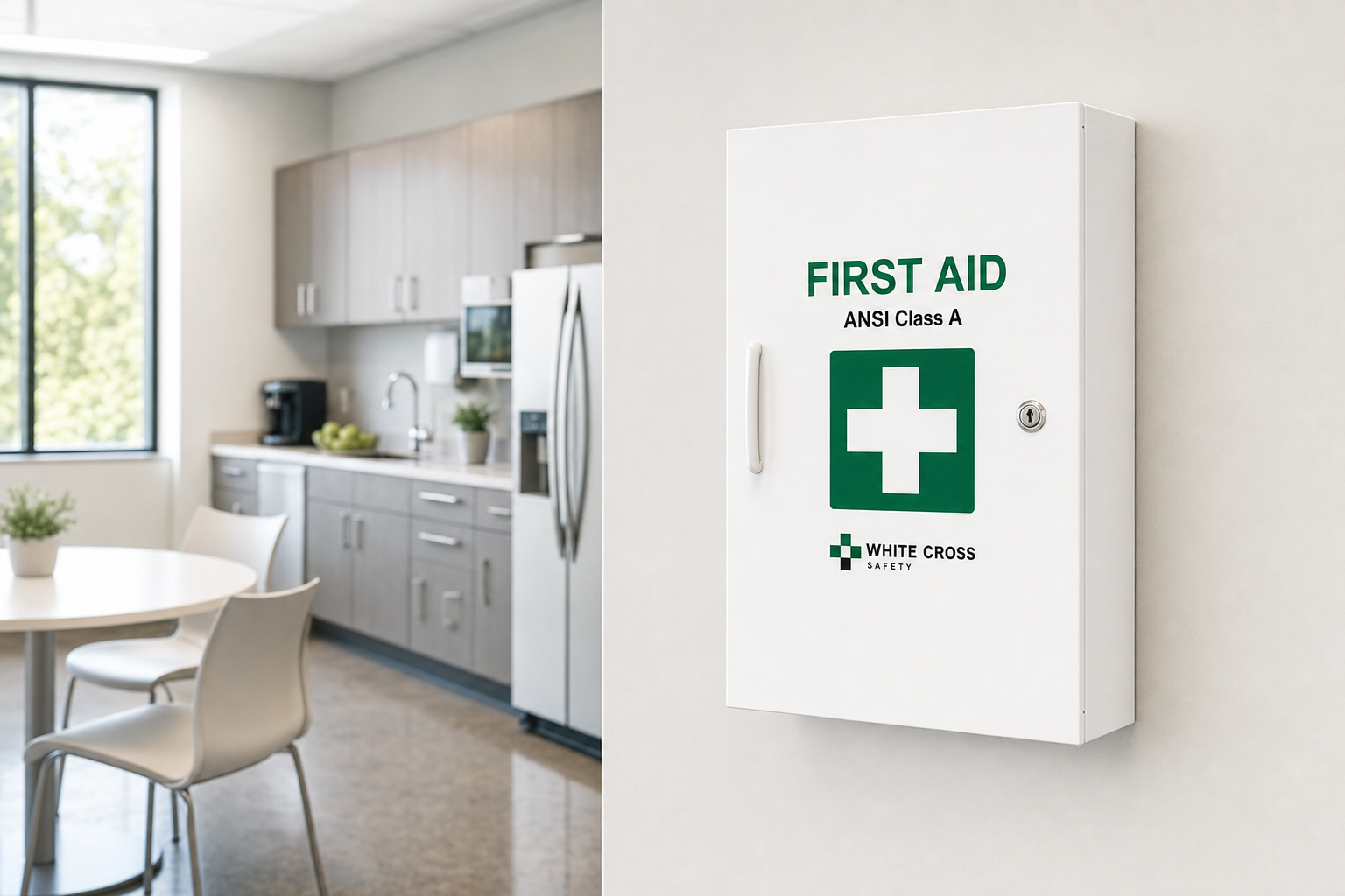 Wall-mounted white Osseus ANSI first aid cabinet in a modern office break room