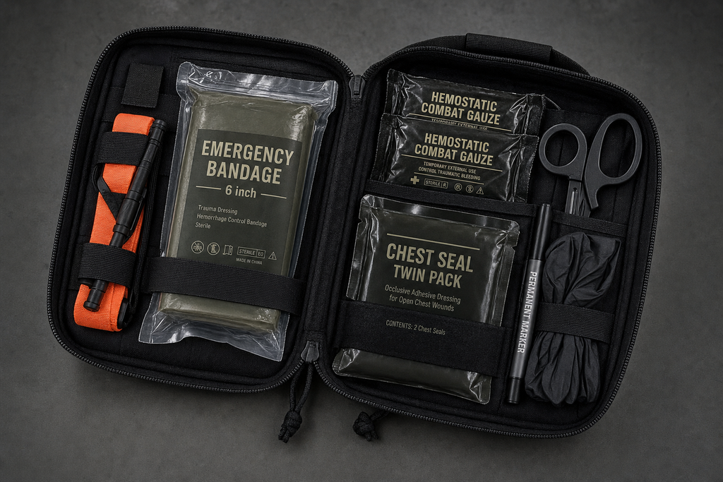 Open Osseus Pro Trauma kit in MOLLE pouch with tourniquet, emergency bandage, hemostatic gauze, chest seals, gloves and shears
