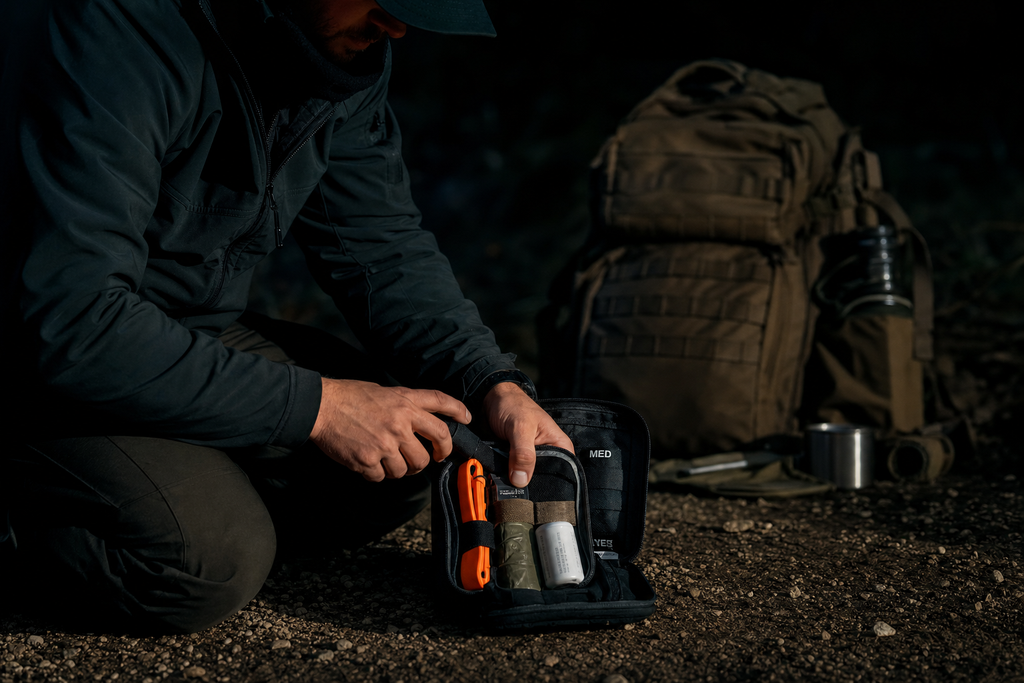 Person opening Osseus tactical MOLLE trauma kit outdoors with backpack in background