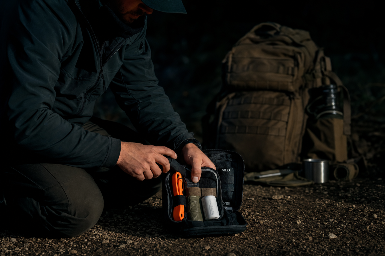 Person opening Osseus tactical MOLLE trauma kit outdoors with backpack in background