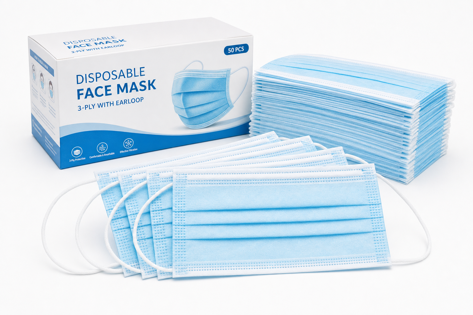 Osseus 3-ply disposable face mask box of 50 in light blue with mask sample on white