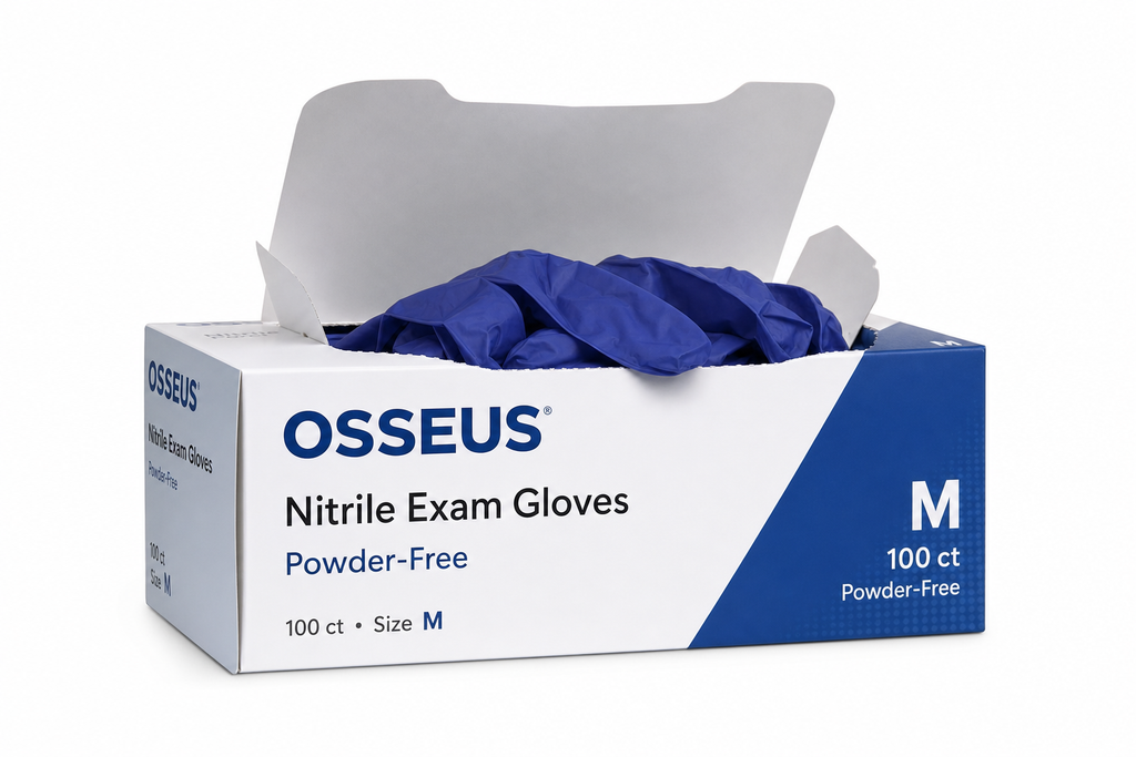 Osseus 100-count nitrile exam gloves blue dispenser box with single glove resting against it
