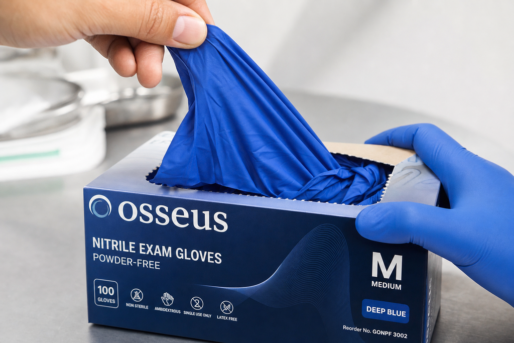 Clinician's gloved hand snapping a fresh blue nitrile exam glove during use