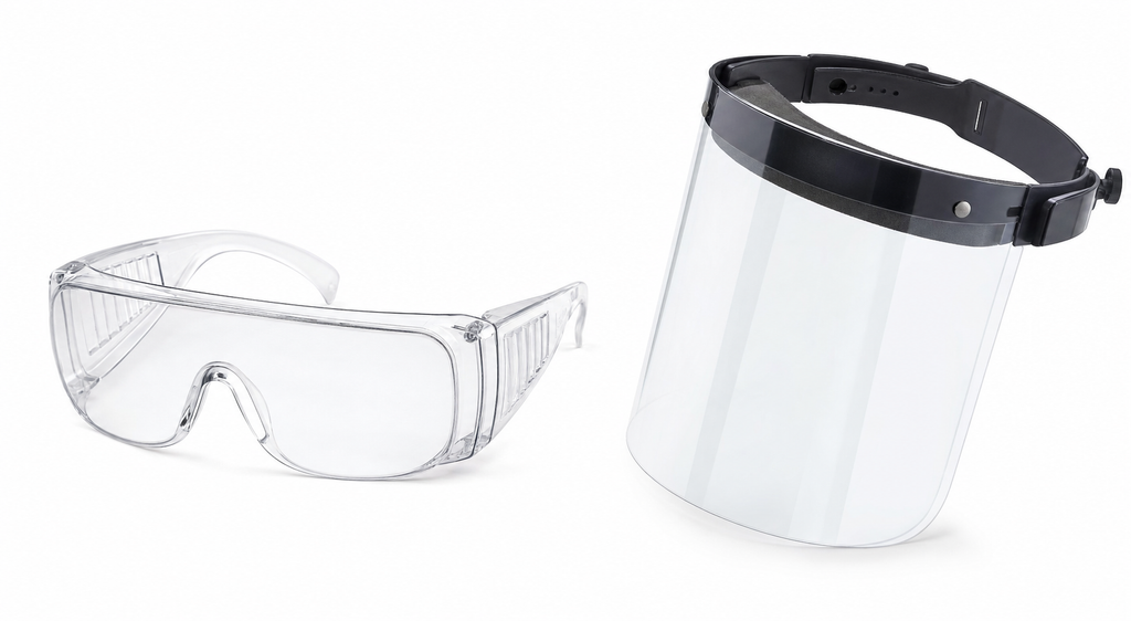 Osseus safety goggles and full-face shield combo on white background showing anti-fog lens