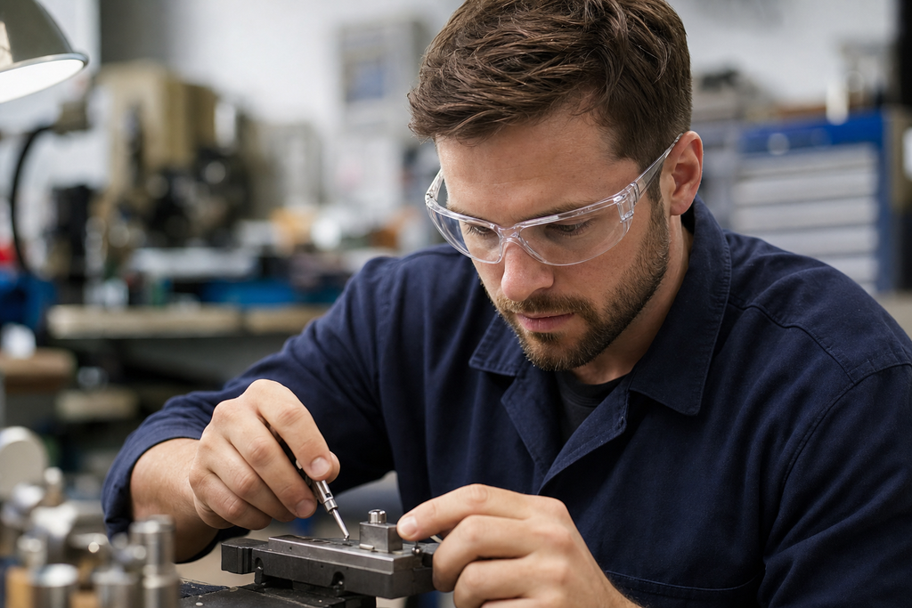 Worker in PPE wearing Osseus safety goggles and face shield while handling tools