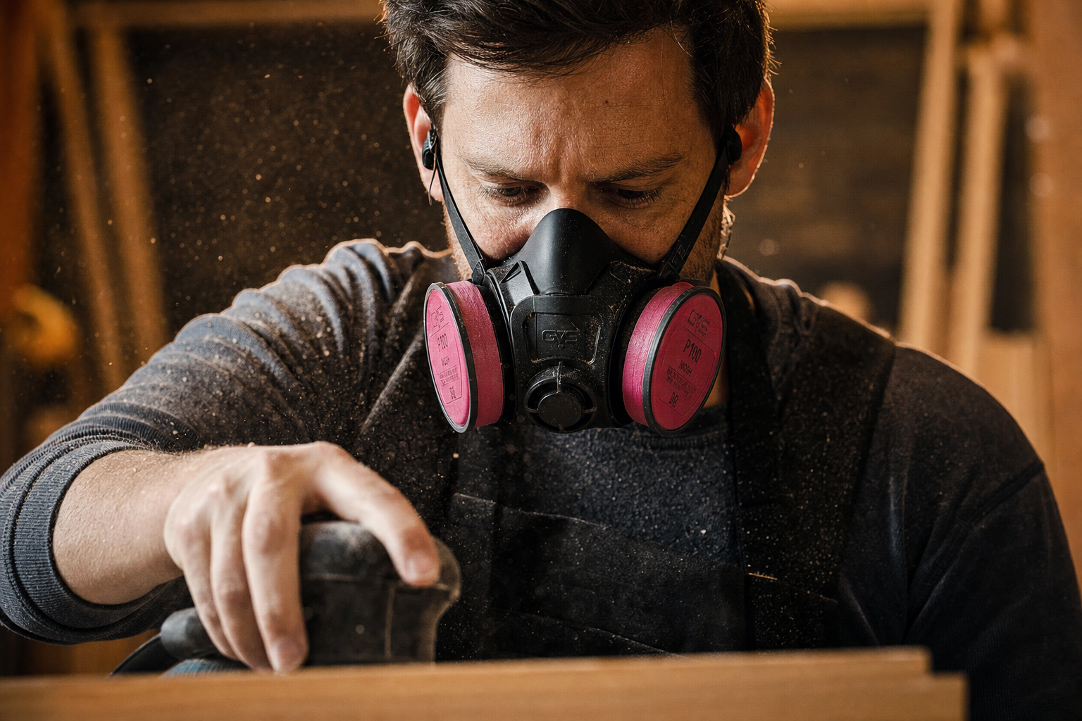 Contractor wearing the Osseus half-face P100 respirator while sanding drywall on a jobsite
