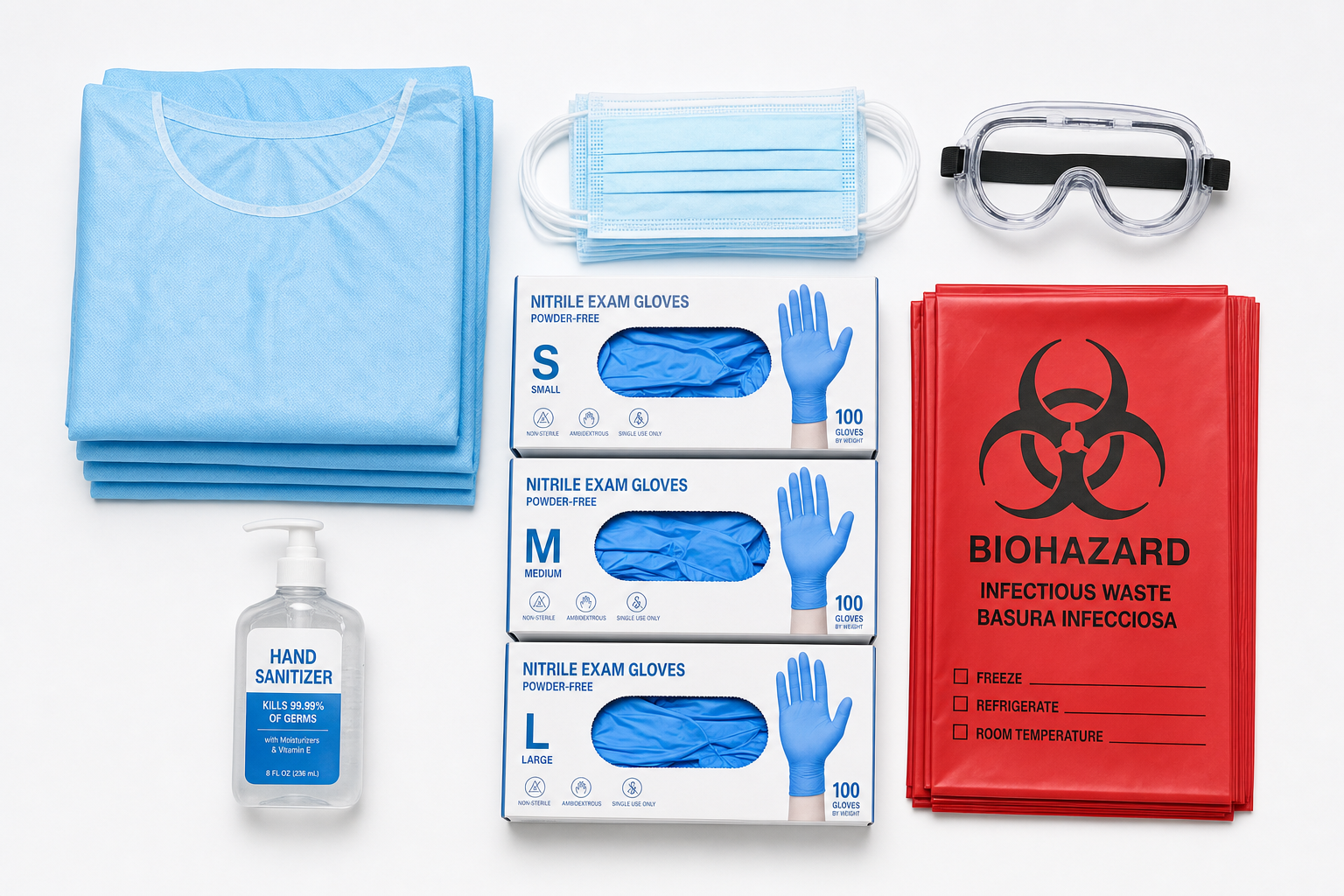 Osseus wall-mount PPE station fully stocked with gloves, masks, gowns, goggles and signage on white