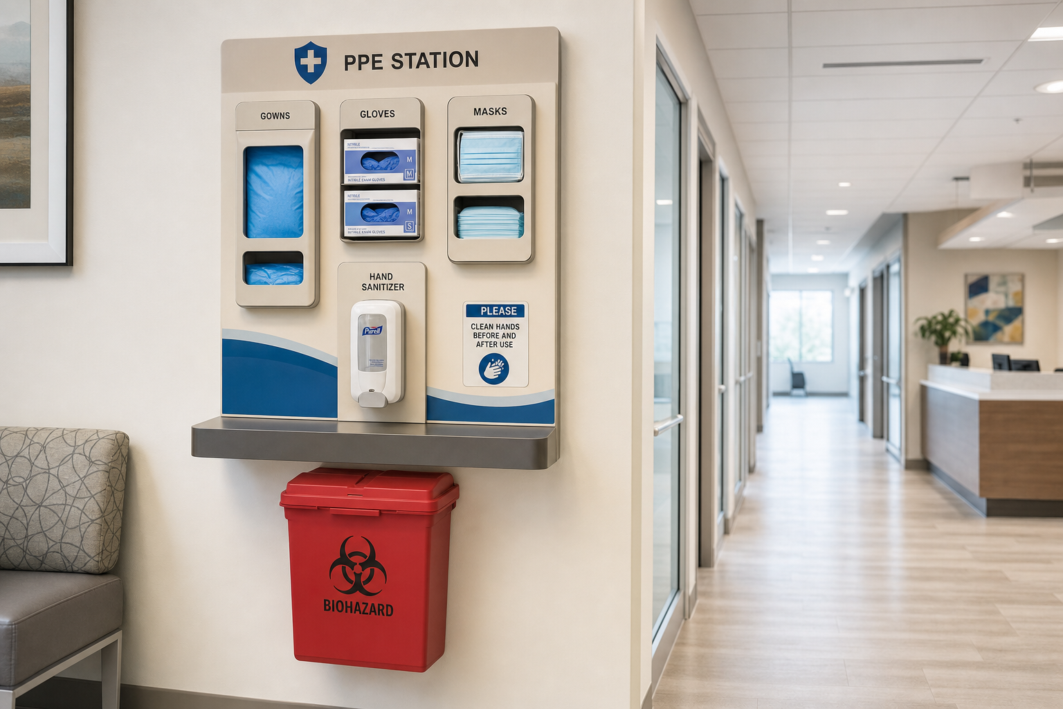 Healthcare facility hallway showing a stocked Osseus PPE station ready for staff use