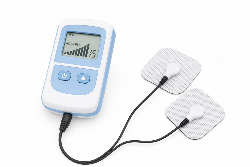 Osseus single-channel pocket TENS unit on white background with electrode pads and lead wire