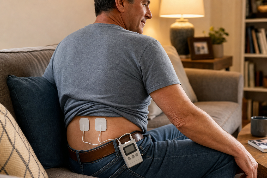 Person sitting on a couch with Osseus pocket TENS clipped to belt and electrodes on lower back