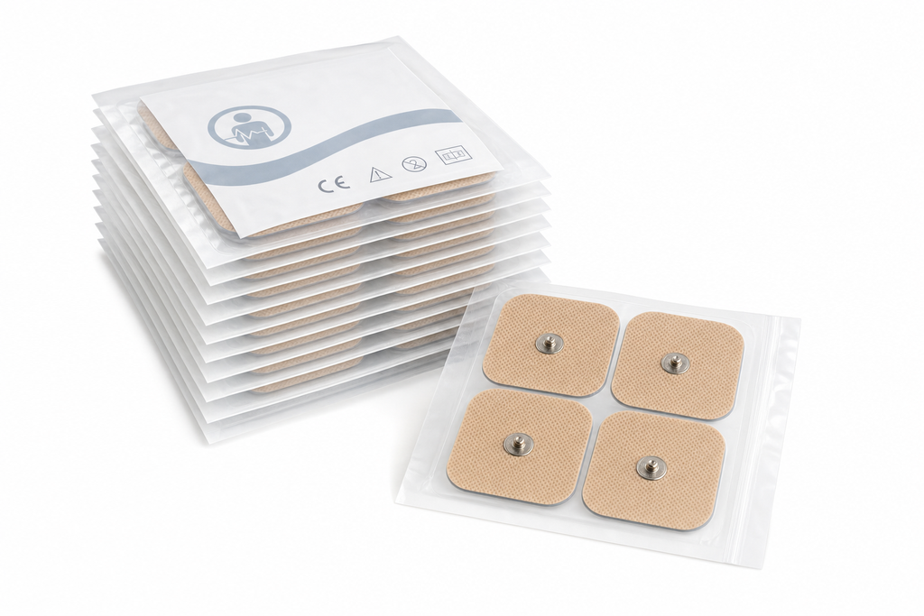 Stack of 10 sealed pouches each with 4 Osseus self-adhesive TENS electrode pads on white background