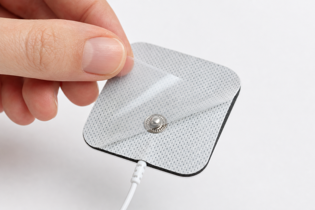 Close-up of a hand peeling protective film off a single fresh Osseus TENS electrode pad