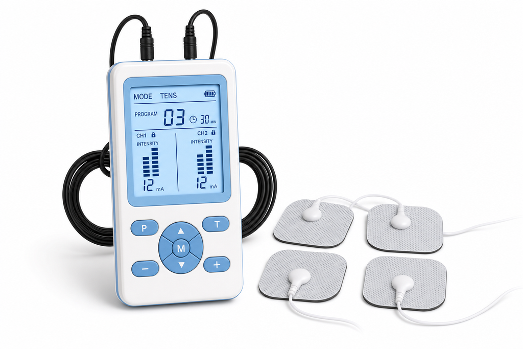 Osseus dual-channel digital TENS unit with lead wires and four electrode pads on white background