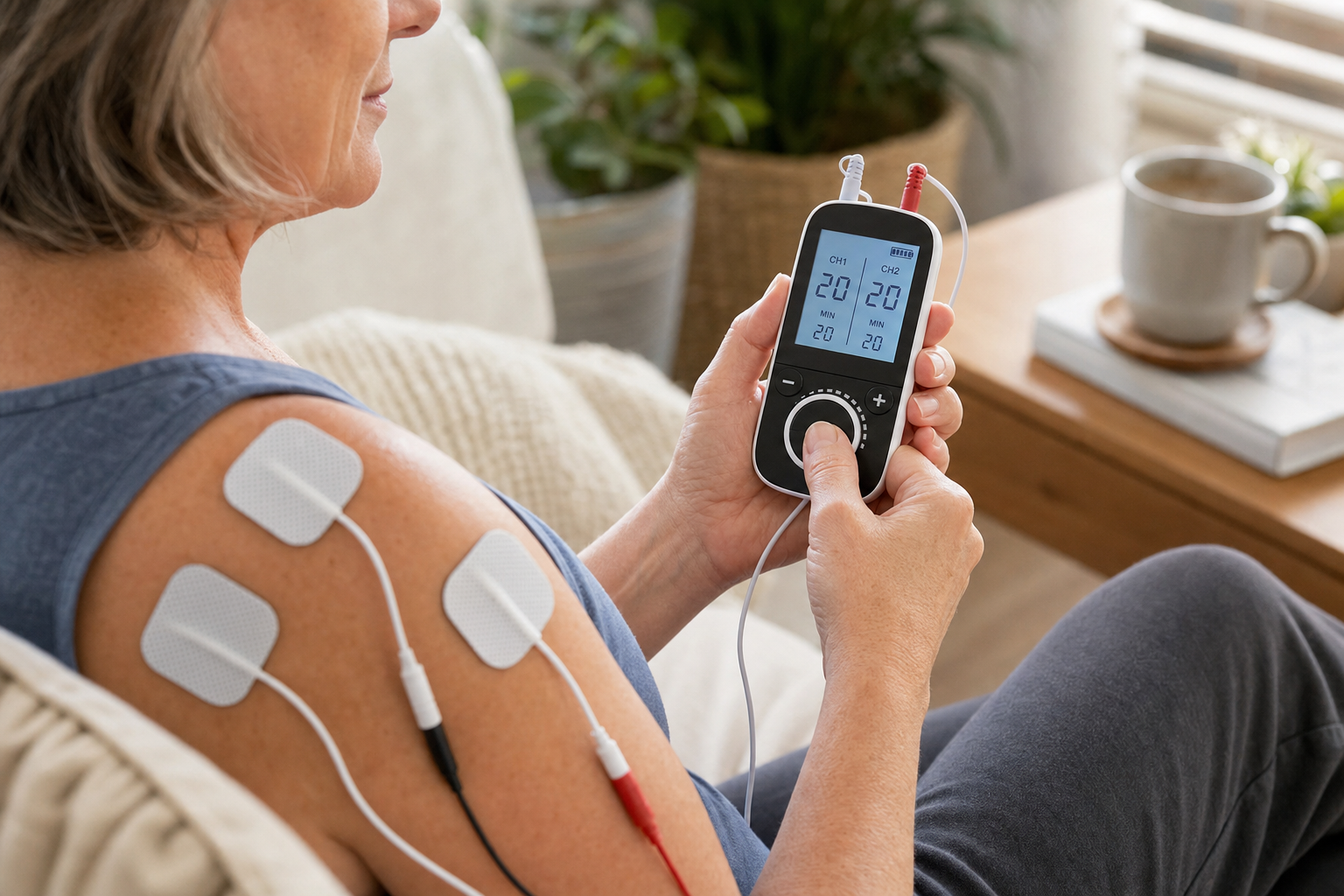 Person adjusting an Osseus dual-channel TENS unit while electrodes are placed on shoulder and arm