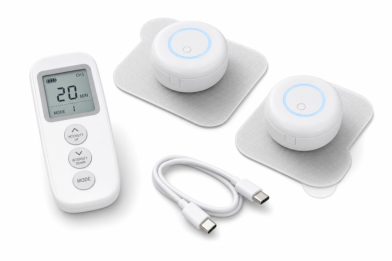 Osseus wireless TENS pods two discs on electrode pads with handheld remote and USB-C cable