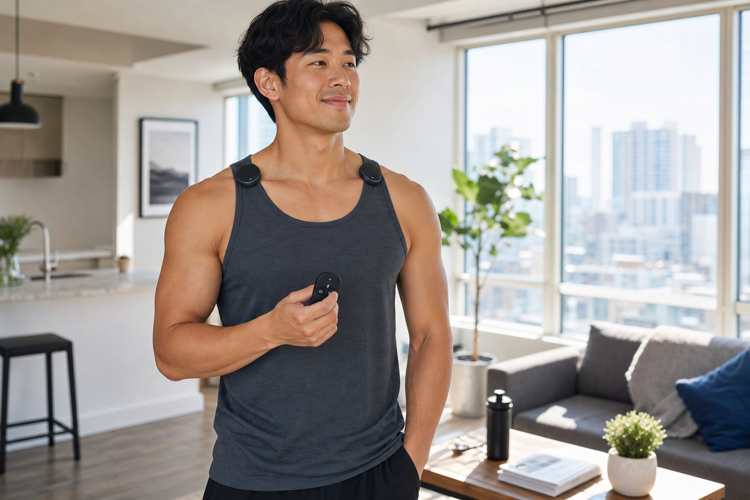 Fit adult wearing wireless TENS pods on upper shoulder holding the small handheld remote control