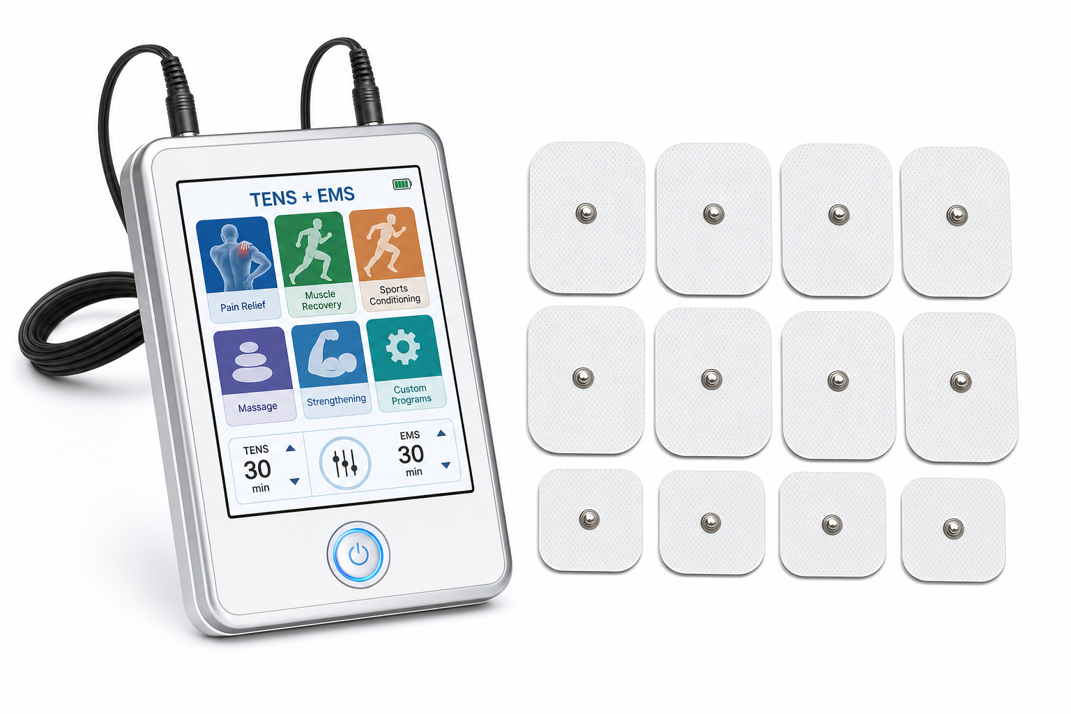 Osseus deluxe TENS plus EMS combo unit with touchscreen and eight pads on white background