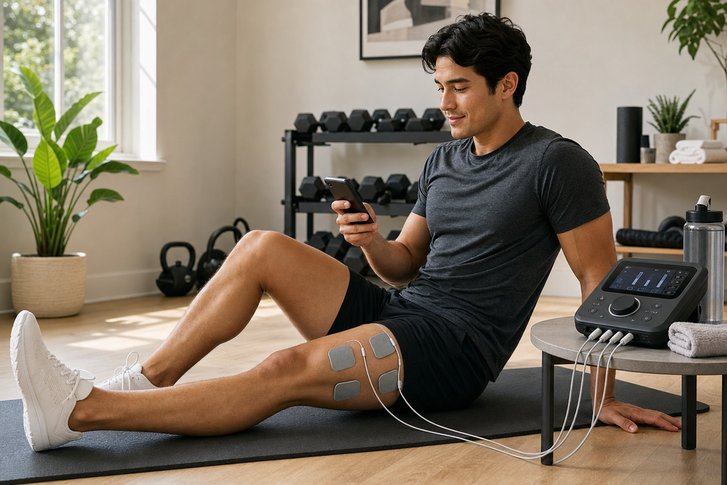 Athletic person doing post-workout recovery with TENS-EMS pads on thigh and unit beside on table