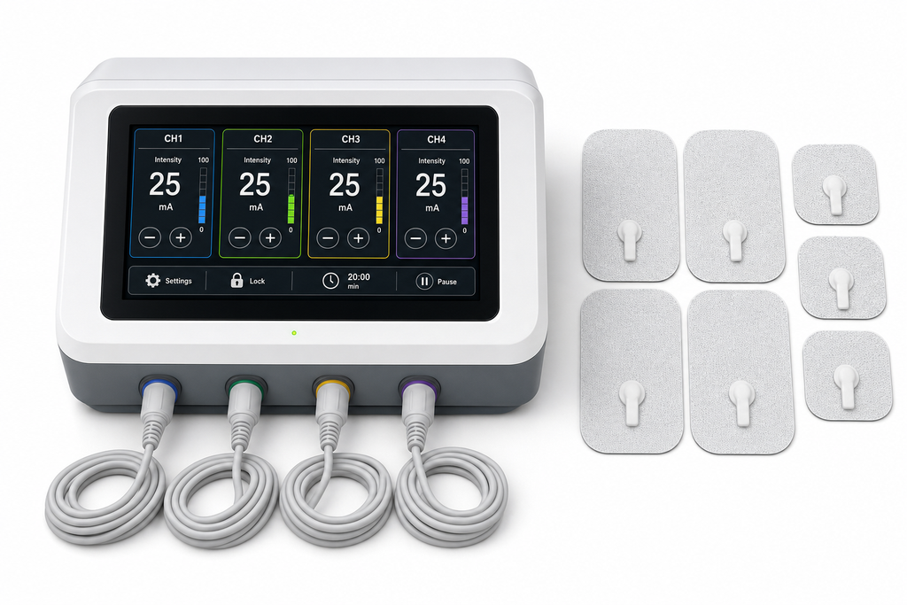 Osseus professional 4-channel clinical TENS device with four coiled wires and electrode pads on white