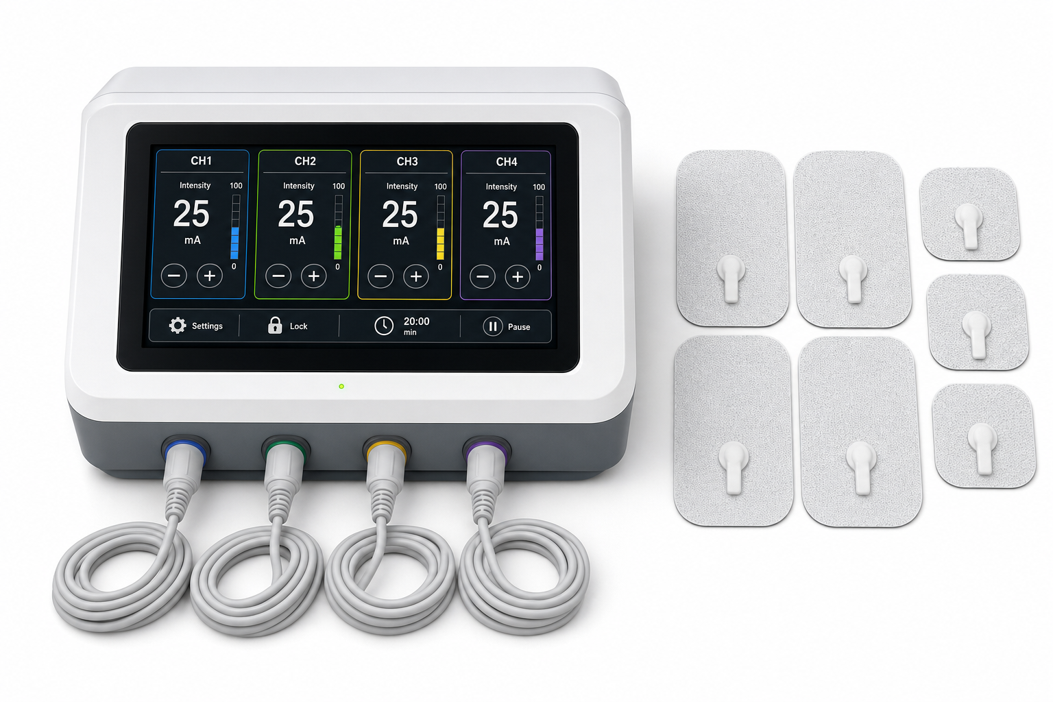 Osseus professional 4-channel clinical TENS device with four coiled wires and electrode pads on white