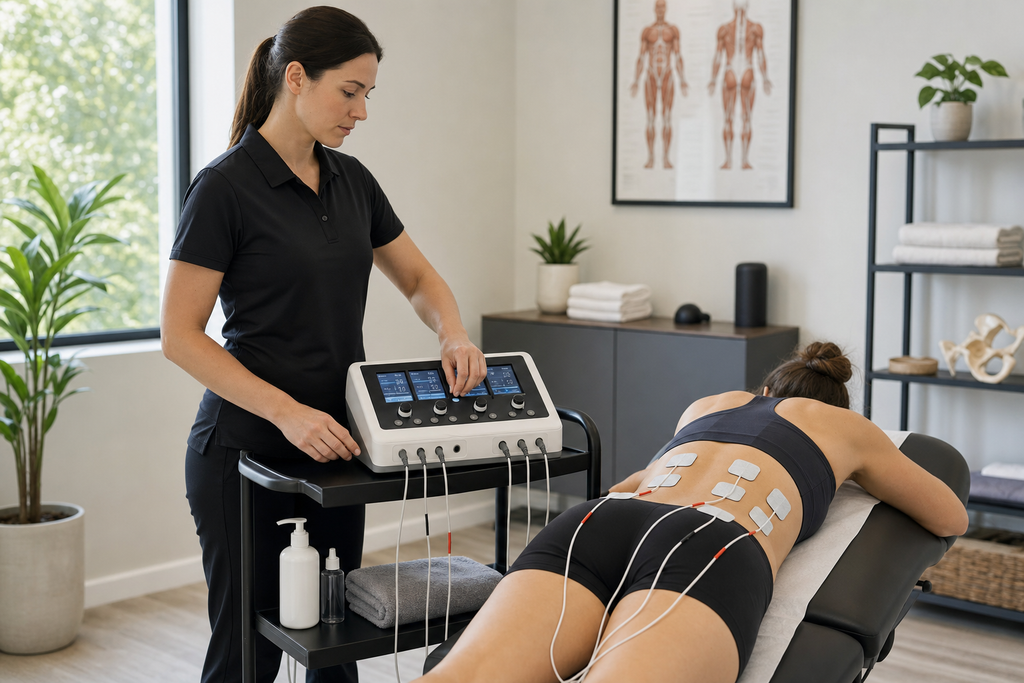 Therapist adjusting an Osseus 4-channel clinical TENS device on a cart while treating a patient