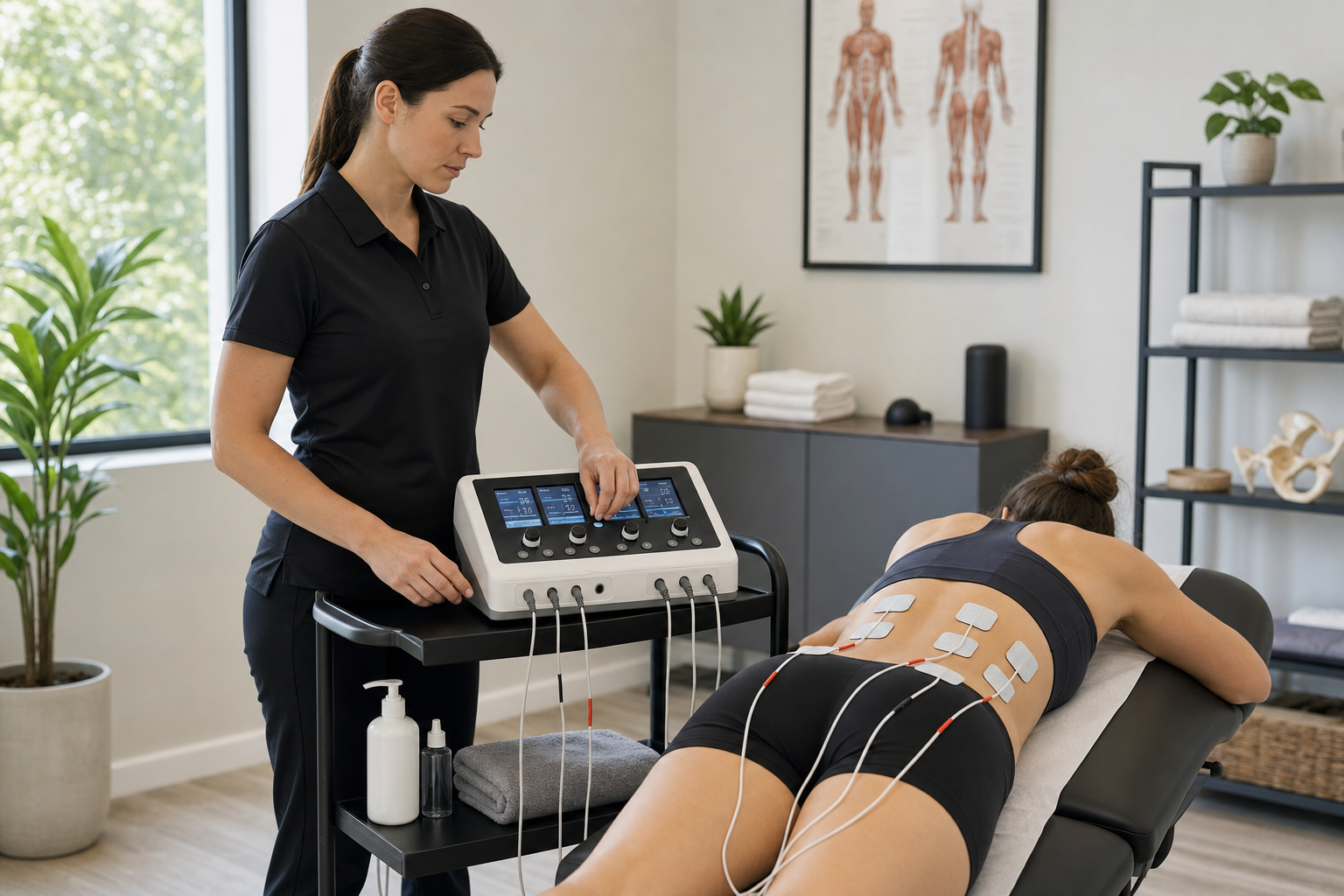 Therapist adjusting an Osseus 4-channel clinical TENS device on a cart while treating a patient
