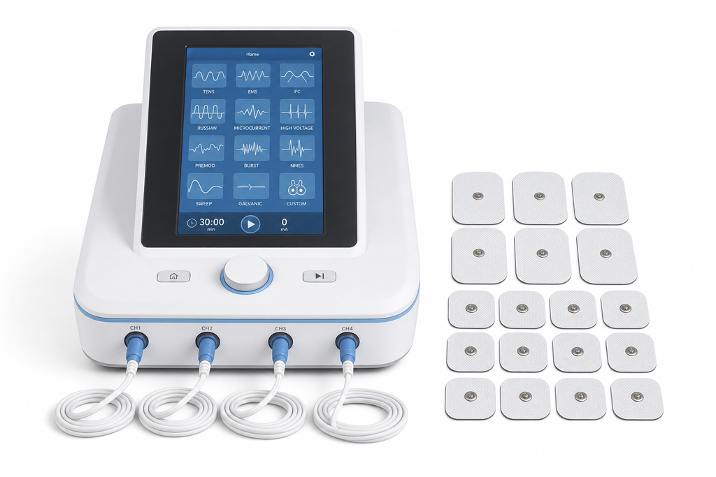 Osseus Pro Physiotherapy electrotherapy system with vertical color touchscreen and 16 pads on white