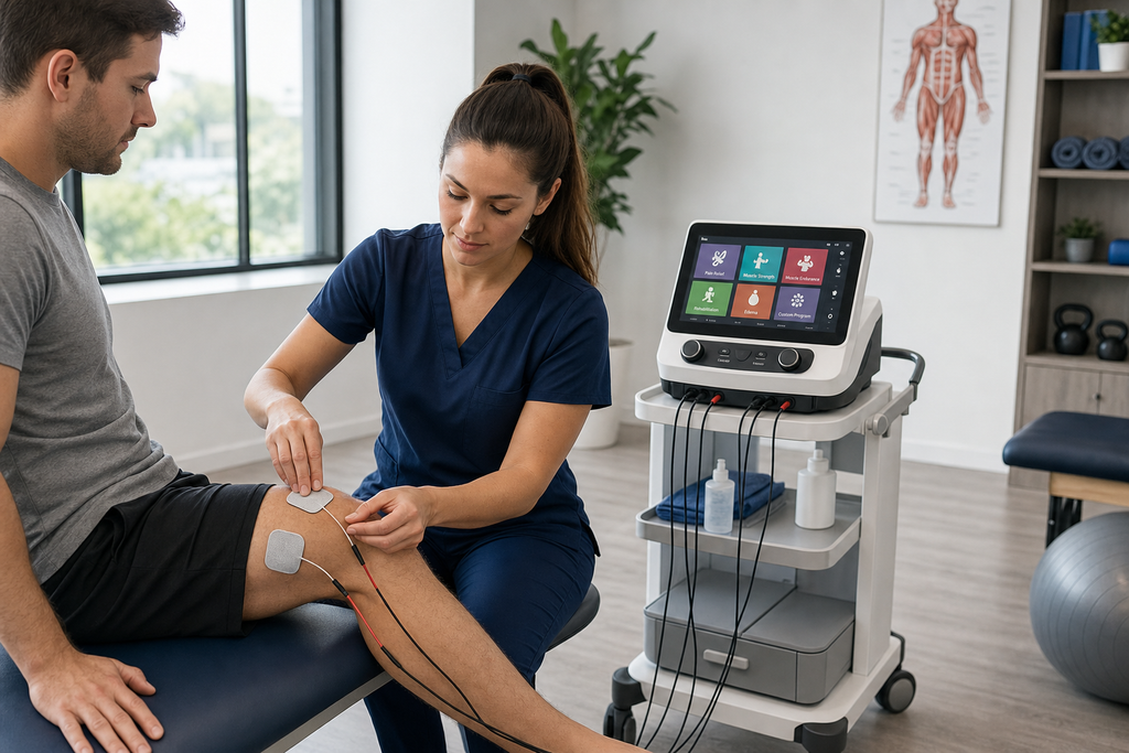 Physiotherapist applying electrode pads to a patient's knee with Osseus electrotherapy cart beside