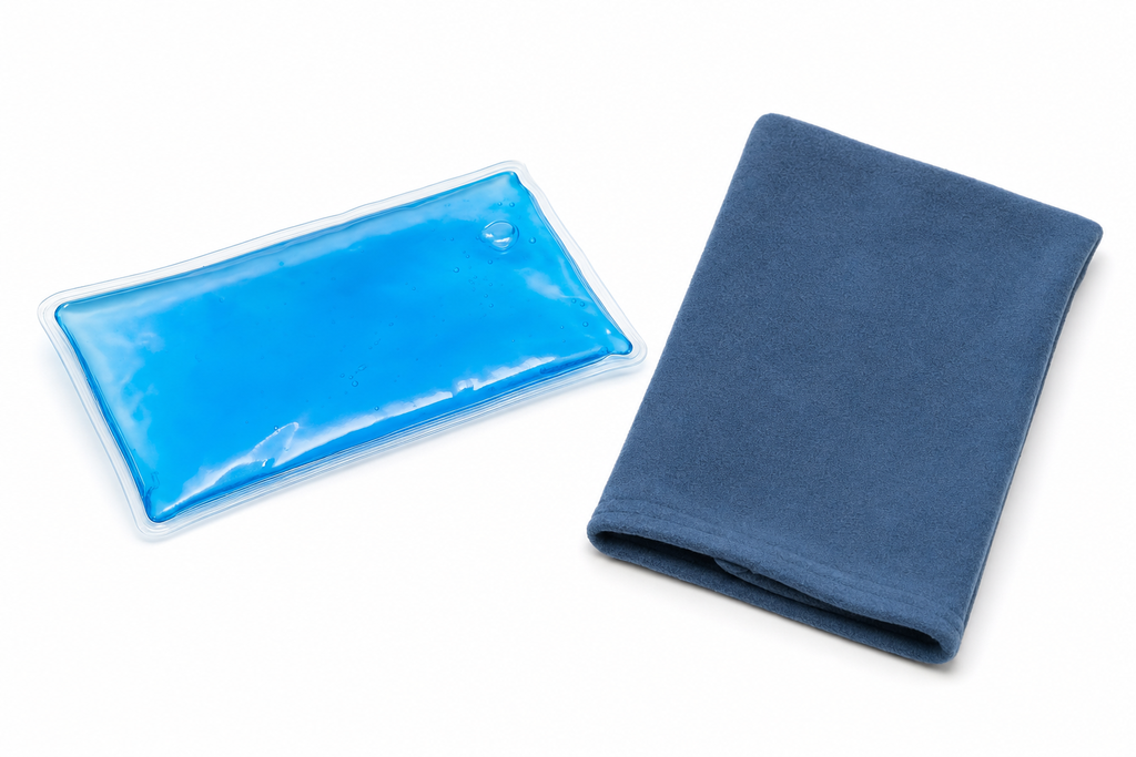Small Osseus reusable blue gel hot/cold pack with folded dark blue fleece cover on white background