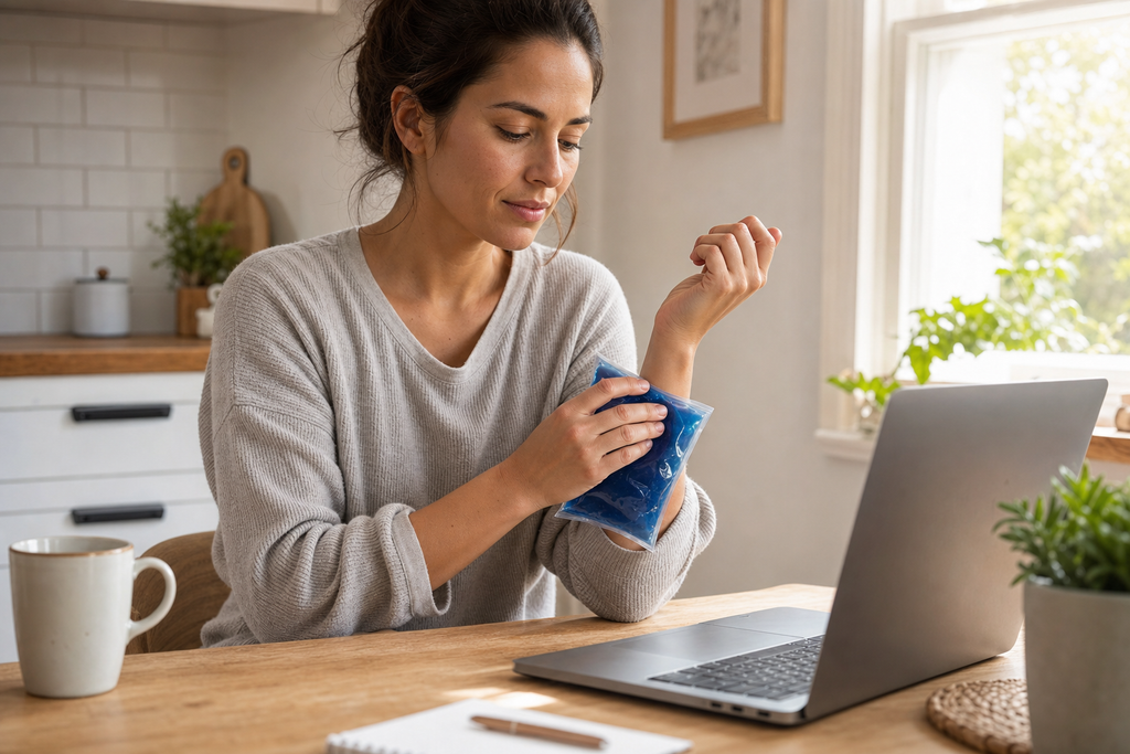 Woman at kitchen table applying small blue Osseus gel pack to wrist with laptop in background