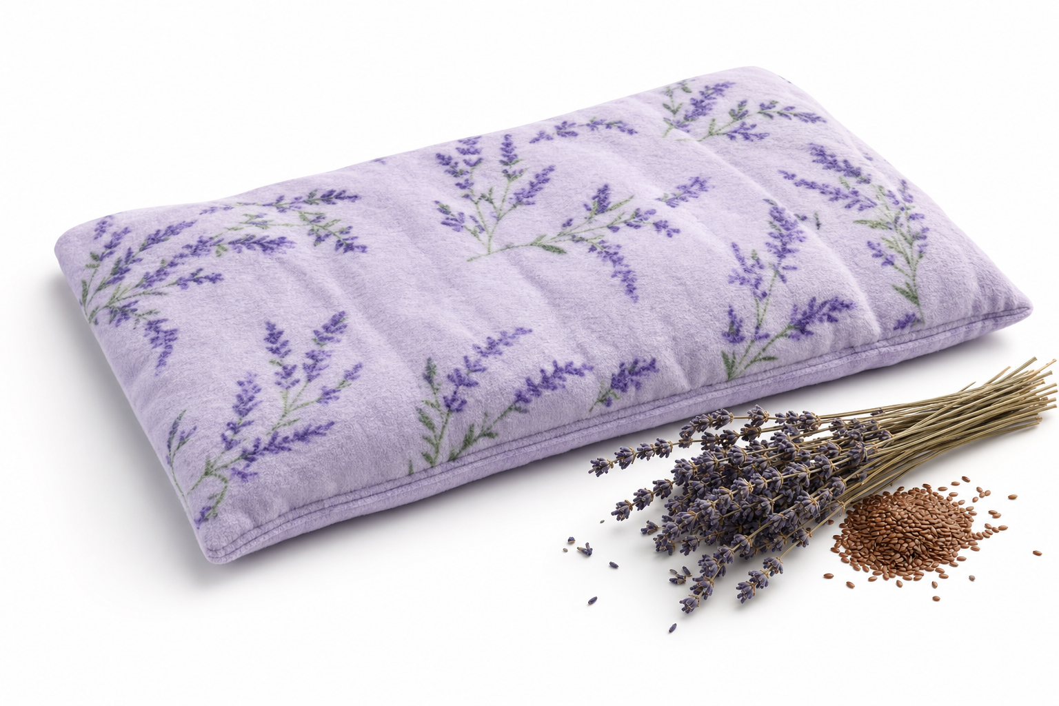 Osseus lavender-print microwavable heating pad with dried lavender sprigs and flax seeds on white