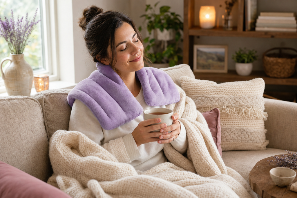 Woman on cozy sofa with Osseus lavender heating pad draped on neck and shoulders holding mug of tea