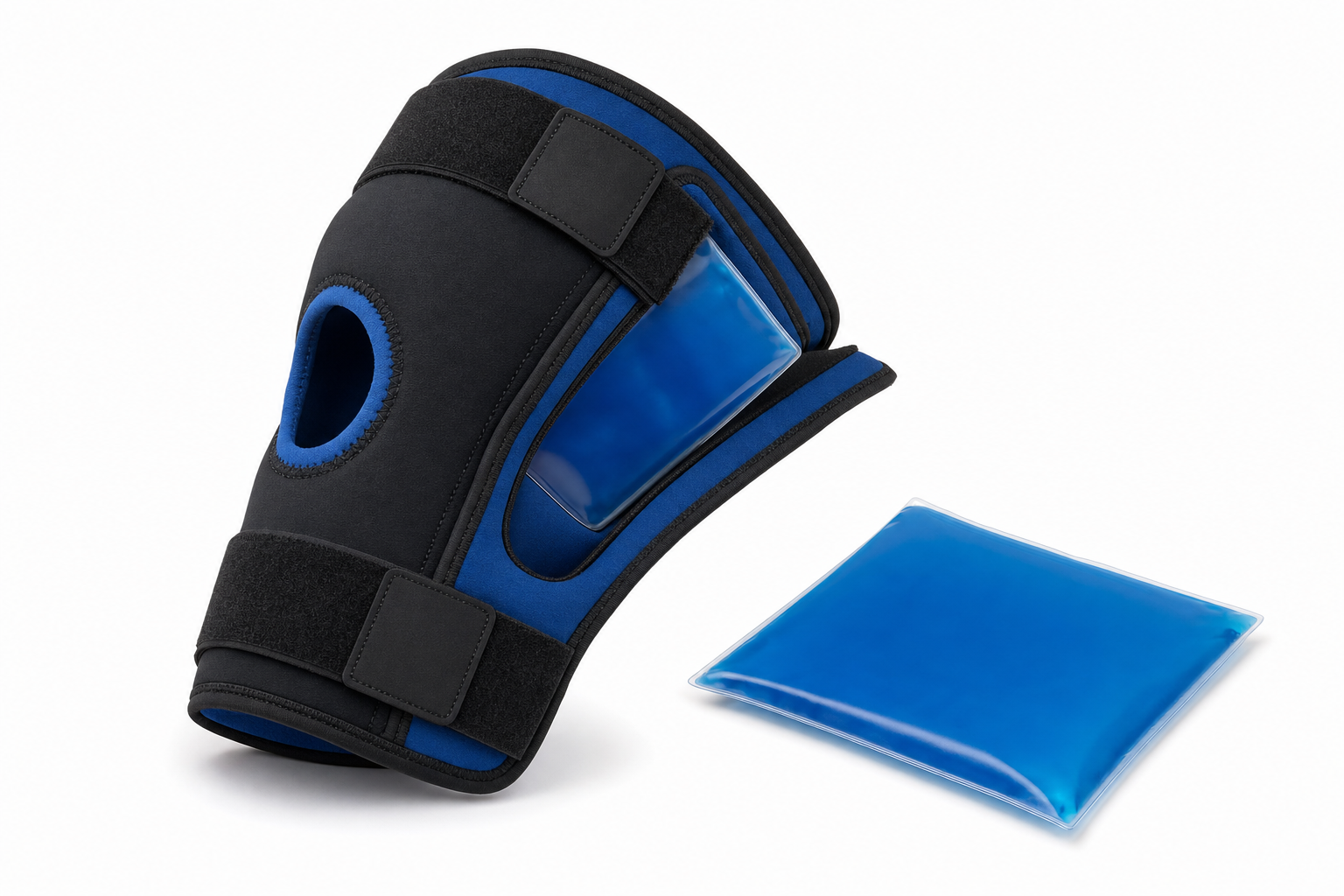Osseus neoprene knee/shoulder hot-cold compression wrap with adjustable straps and blue gel pack on white