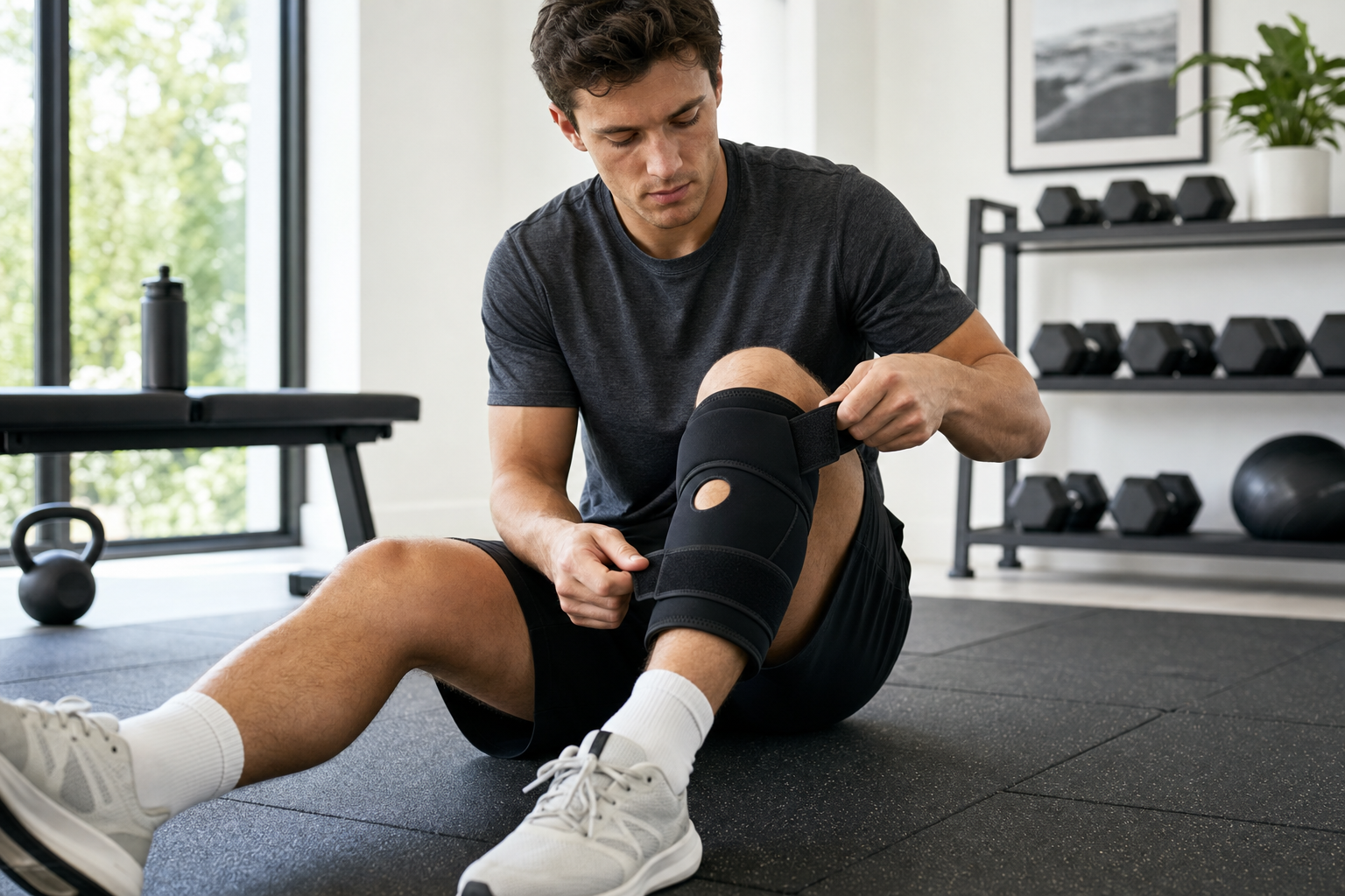 Athletic male in home gym strapping black Osseus compression hot-cold wrap around his knee post-workout
