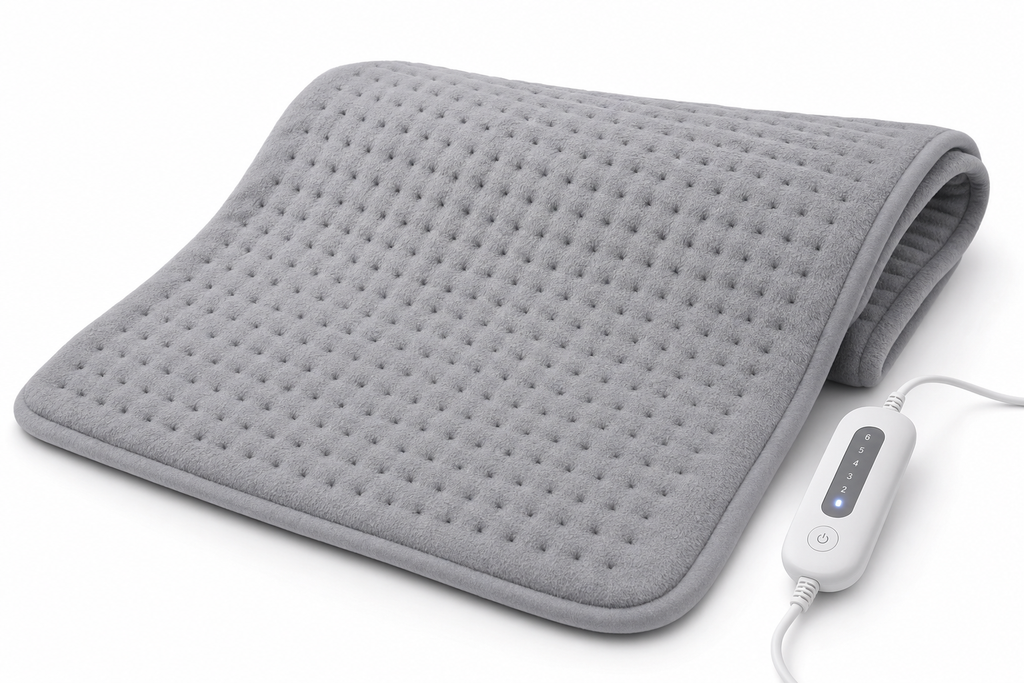 Extra-large Osseus electric heating pad in soft gray plush fabric with handheld 6-setting controller