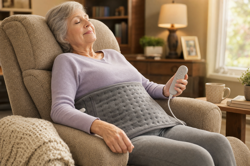 Senior woman in recliner with large gray Osseus electric heating pad on her lower back holding controller