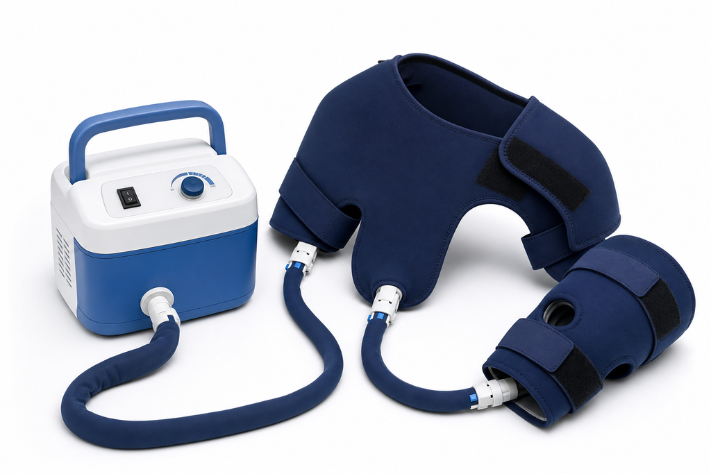 Osseus cold compression therapy unit with hose connected to shoulder wrap and knee wrap on white background