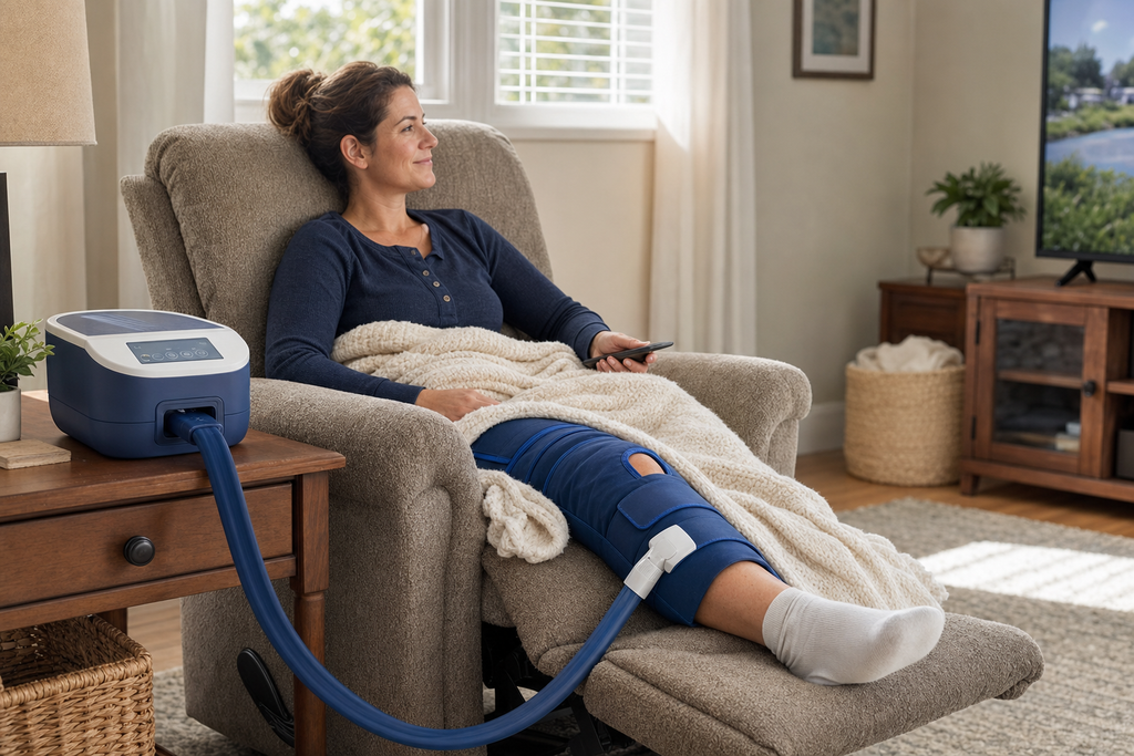 Post-surgery patient in recliner with Osseus cold compression knee wrap connected via hose to portable unit