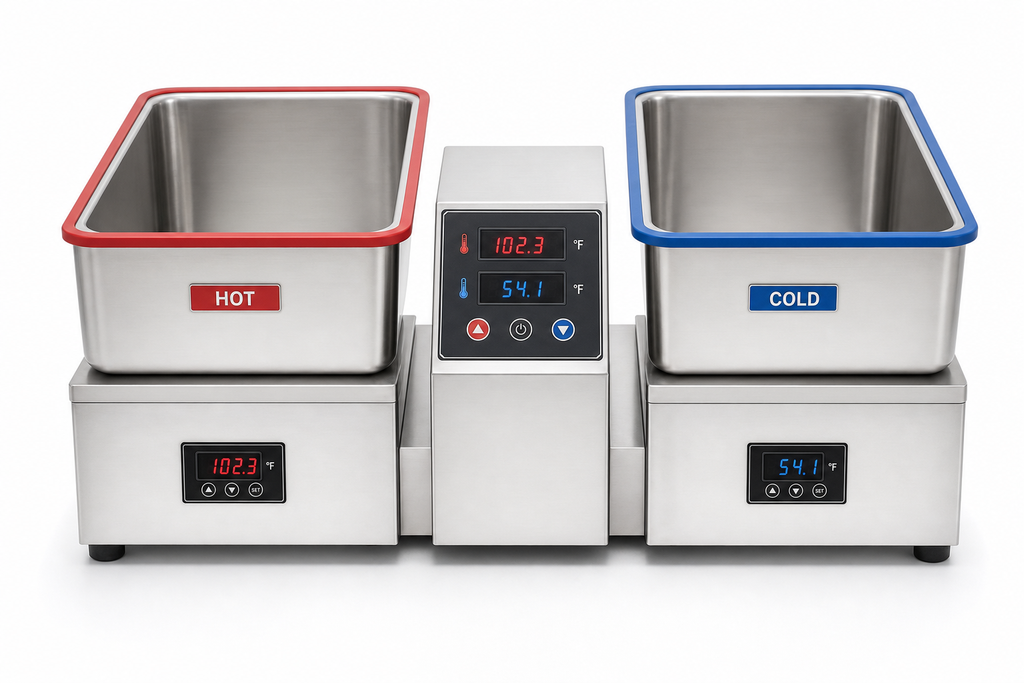 Osseus dual-basin contrast bath therapy unit with HOT red and COLD blue trims and digital temperature panel