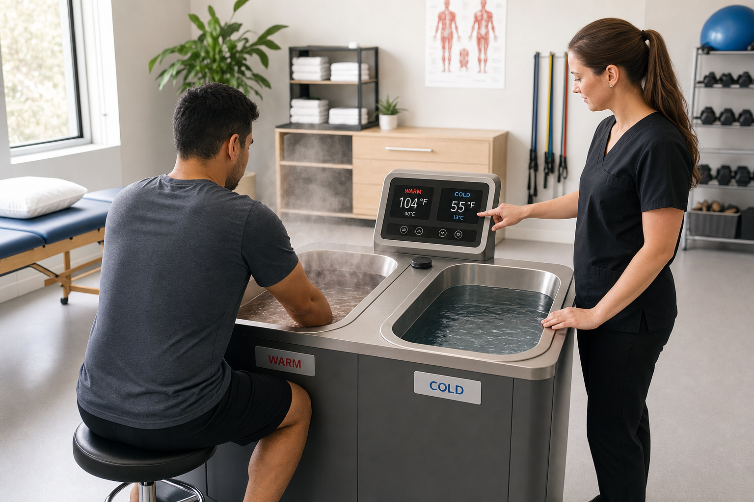 Physical therapy clinic with patient's forearms in contrast bath warm and cold basins with therapist monitoring
