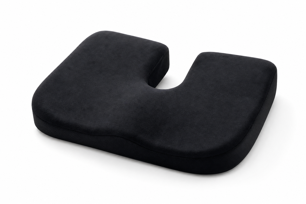 Black memory foam coccyx cushion with U-shaped tailbone cutout and carrying handle on white background